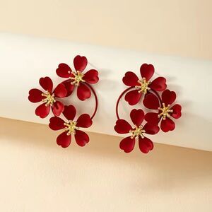 Red Floral Statement Earrings – Bold Gold-Accented Hoop Dangle Earrings